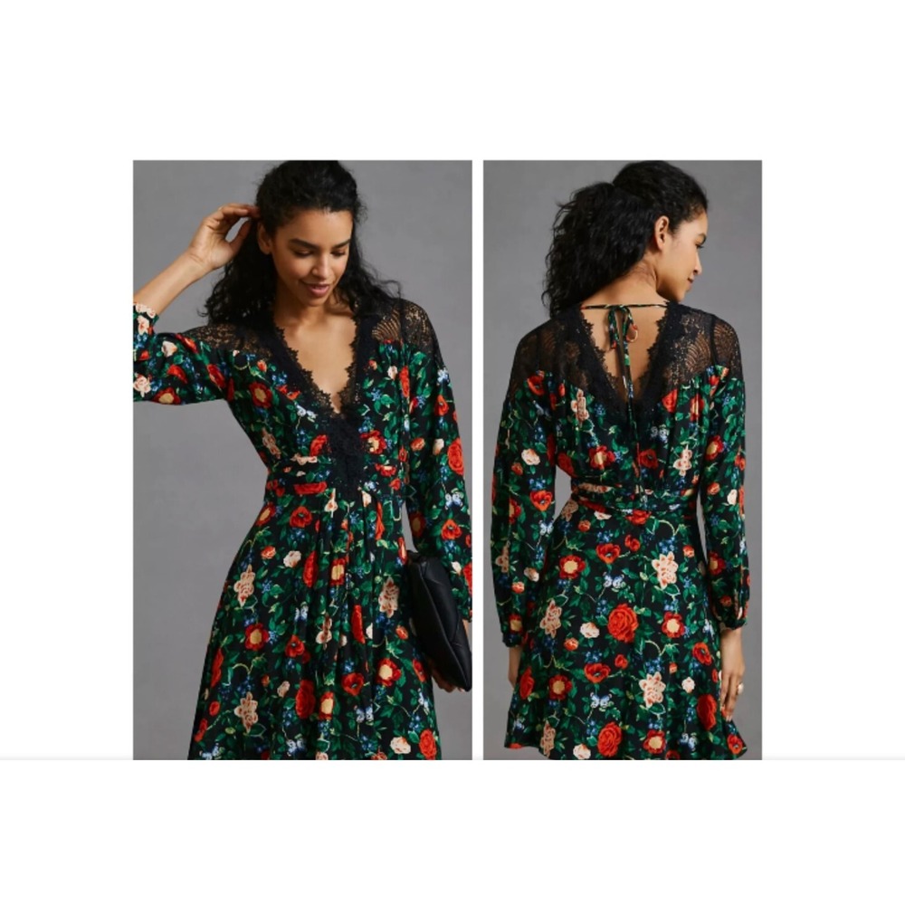 New ANTHROPOLOGIE LACY V-NECK MINI DRESS SIZE 8 FLORAL PRINT NWT